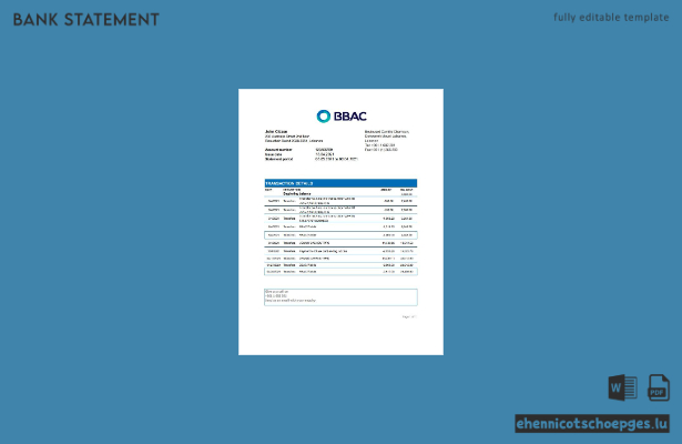 Beispiel-Excel-Vorschau eines Kontoauszugs der libanesischen BBAC-Bank (Bangladesh Bank Account).